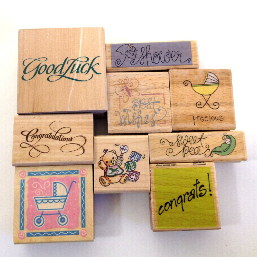 Wood Mount Rubber Stamp Set of 9 Tags Baby Shower Precious and More